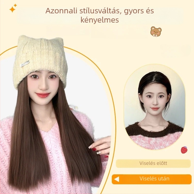 Koreai stílusú leválasztható macskafejű paróka sapka nőknek, Modell Xw043, Hosszú egyenes paróka, Hazai selyem