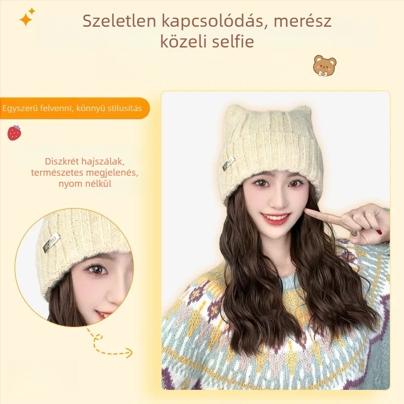 Koreai stílusú leválasztható macskafejű paróka sapka nőknek, Modell Xw043, Hosszú egyenes paróka, Hazai selyem