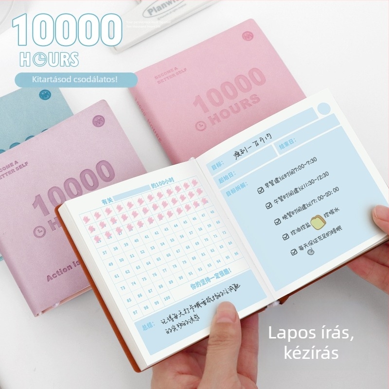 Square Partners bőrtokos jegyzetfüzet tízezer órás tanulási tervvel, önfegyelem-ellenőrzéssel és memória feljegyzésekkel