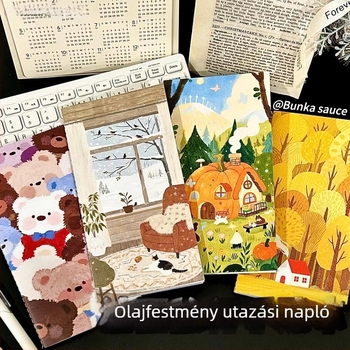 Olajfestékes utazási jegyzetfüzet – aranyos DIY, hordozható; Kötés: francia hajtás; Belső anyag: eredeti fa cellulóz; Oldalak: 1–50