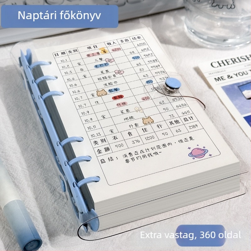 A6 Lefűzhető számviteli napló, napi kiadások és családi pénzügyek, aranyos japán/koreai stílus