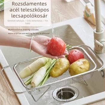 201 rozsdamentes acélból készült leeresztő kosár, vastagított kivitel, kihúzható egy mosogatóhoz, zöldségek mosására