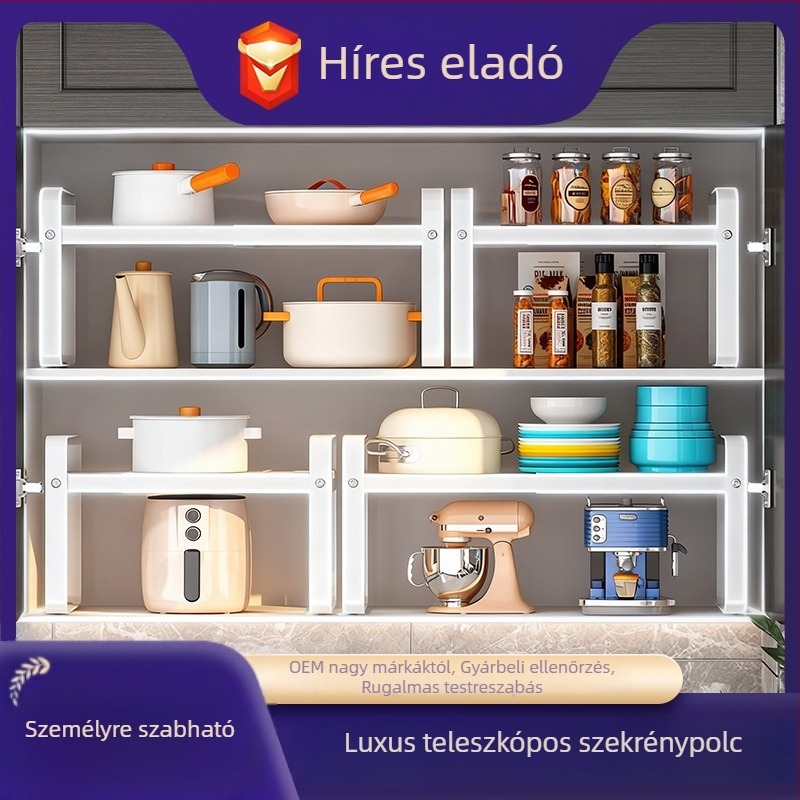 Konyhai tároló állvány mikrohullámú sütőhöz és sütőhöz, állítható, kibővíthető, mozgatható, szerelés nélküli, szénacélból, asztali rendező