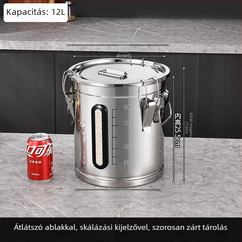 Fémdoboz rizs tároló fedéllel – zárható, nedvesség- és rovarbiztos, modern minimalista stílus