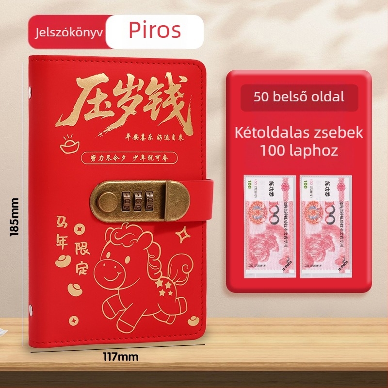 Jelszóval záródó készpénz-megtakarítási notesz, aranyos kínai stílusú dizájn, műbőr borító, ragasztott kötés, 100–200 oldal.