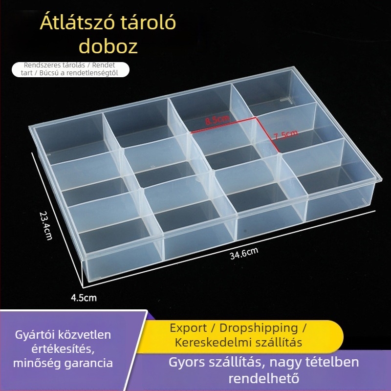 Átlátszó rekeszes tároló doboz, fedél nélküli ékszer-darabok bemutató doboz, PP/PS műanyag, NC-023 modell