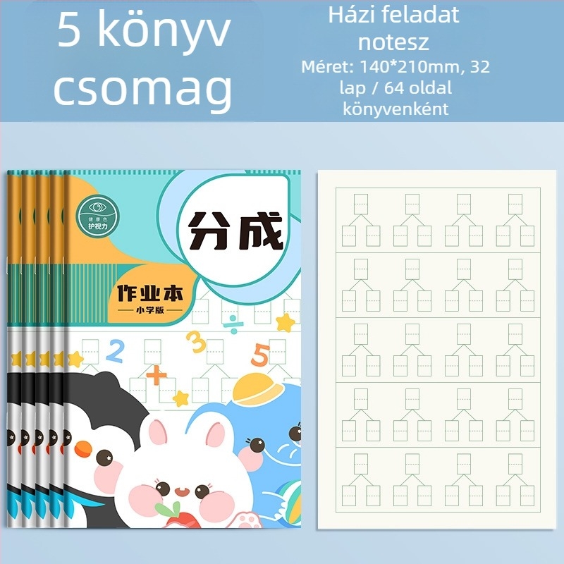 Matematikai munkafüzet óvodások és általános iskolások számára, varrott kötés, papíralapú borító, nyersfa pulpából készült belső, legfeljebb 50 oldal