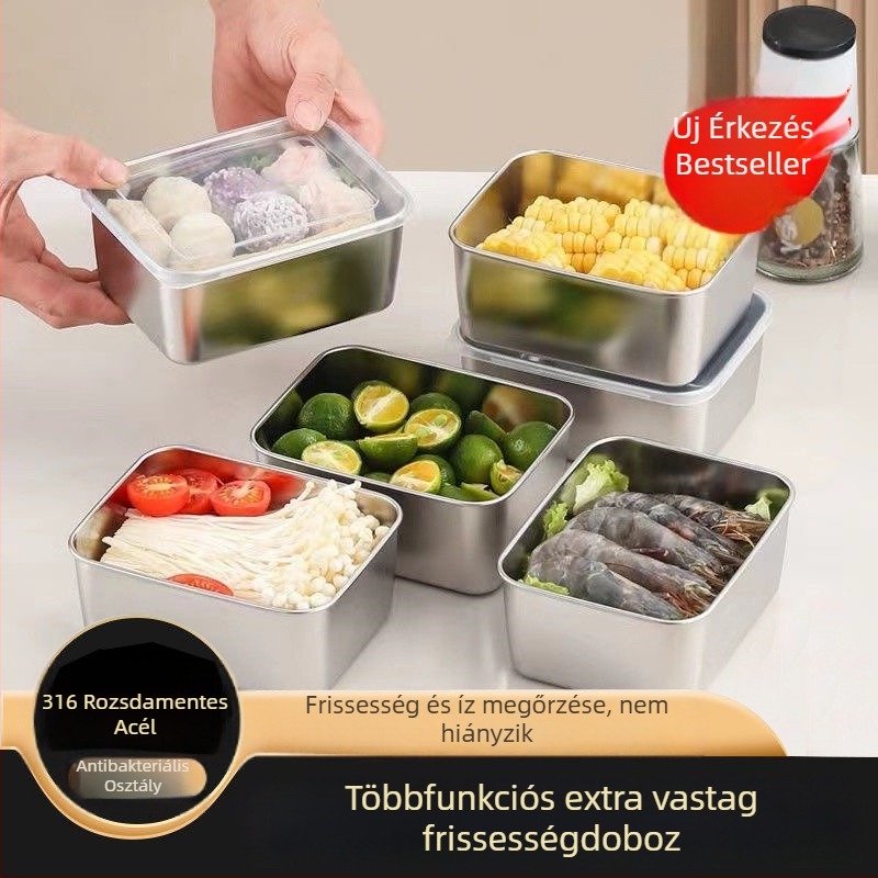 316 rozsdamentes acél téglalap alakú tárolóedény fedéllel, kapacitás 501–800 ml, frissesség megőrzése