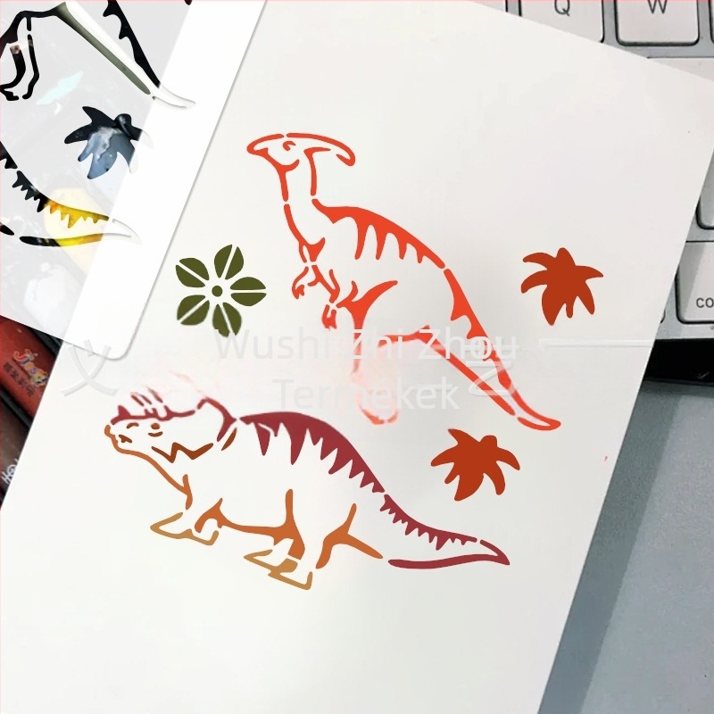 Festő sablon — Alpesi erdő téma, PET anyag, üreges dinoszaurusz kivágás