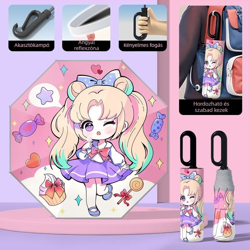 Gyerekeknek automata nyitású esernyő, 8 bordás keret, UPF50+ védelmet nyújt a nap és az eső ellen, logó nyomtatás