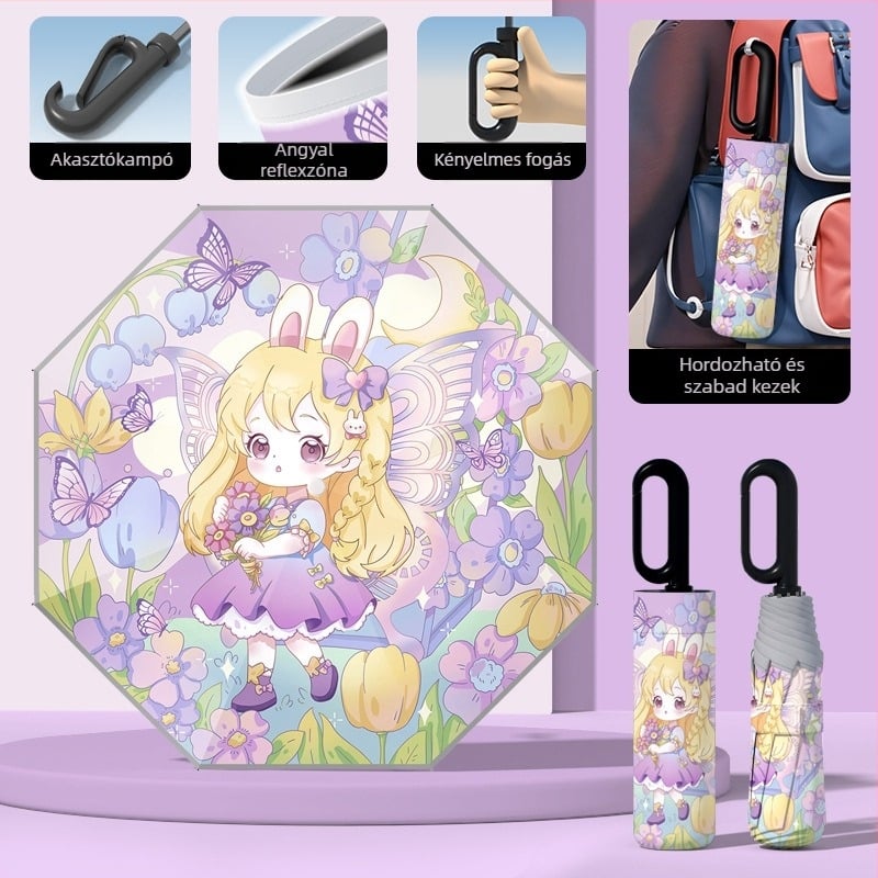 Gyerekeknek automata nyitású esernyő, 8 bordás keret, UPF50+ védelmet nyújt a nap és az eső ellen, logó nyomtatás