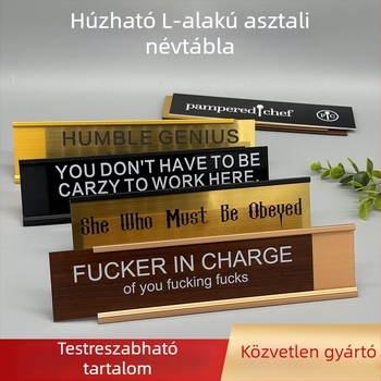 L-alakú alumínium asztali kártya rekesszel, lézergravírozott, testreszabható