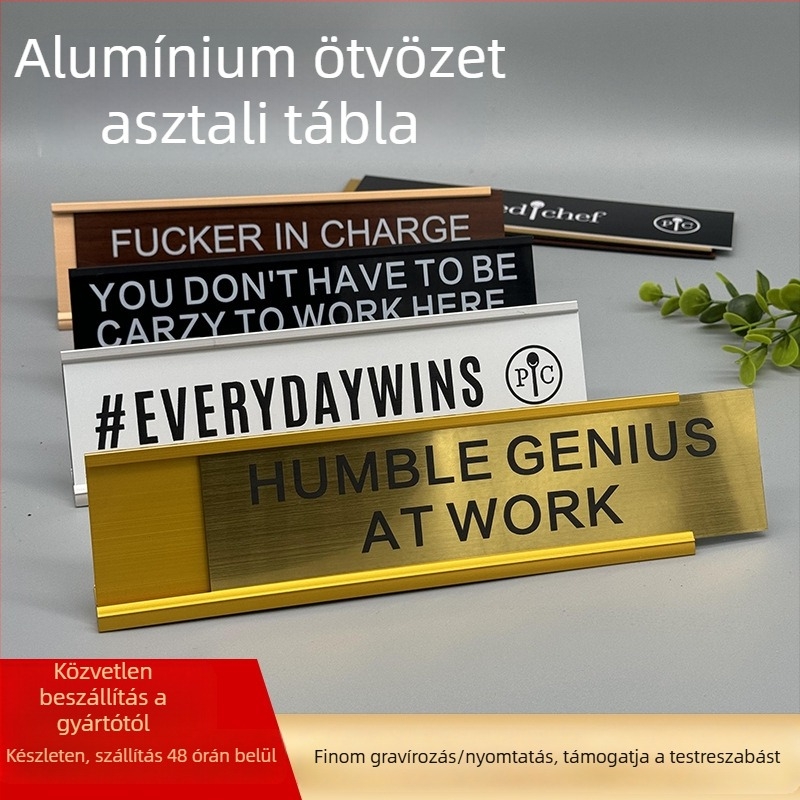 L-alakú alumínium asztali kártya rekesszel, lézergravírozott, testreszabható