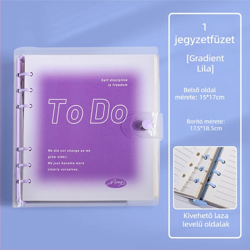 Négyszögletes 6 lyukas jegyzetfüzet puha PVC-bőrhatású fedéllel, lazán fűzött lapokkal, üres oldalakkal és tanulási tervező naplóval