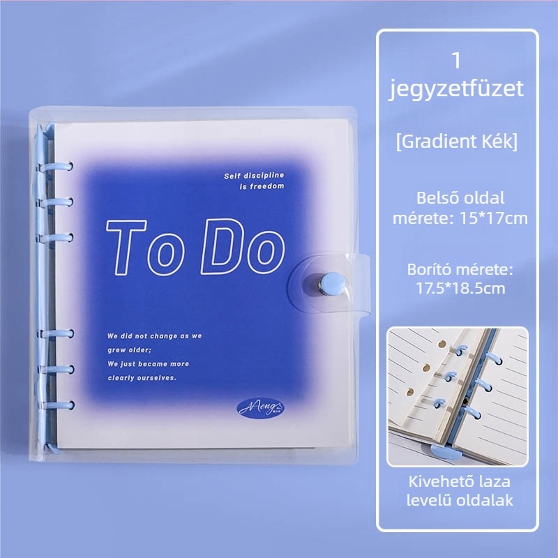 Négyszögletes 6 lyukas jegyzetfüzet puha PVC-bőrhatású fedéllel, lazán fűzött lapokkal, üres oldalakkal és tanulási tervező naplóval