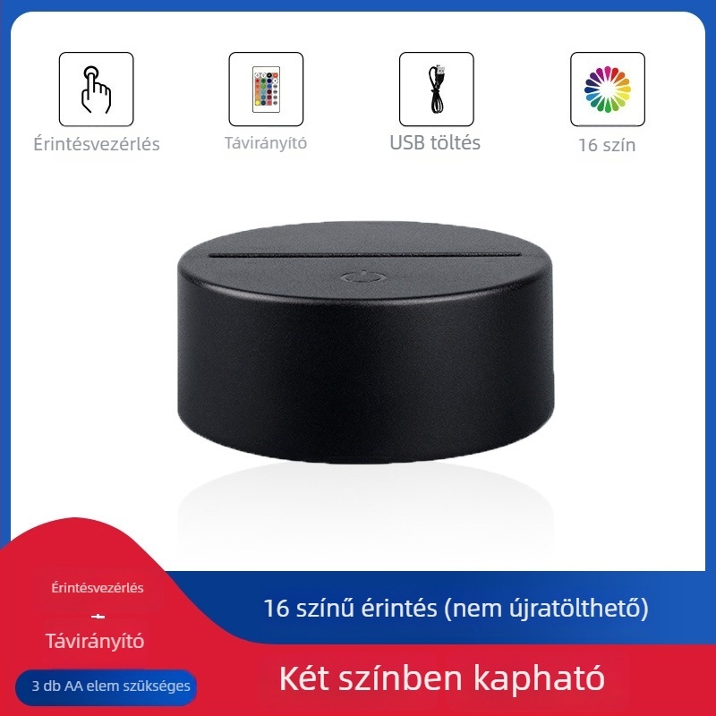 3D éjszakai lámpa alap távirányítóval, színes asztali lámpa alapja, világító alap, érintő és távirányítós kapcsoló, hangulatvilágítás