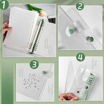 A5 átlátszó PVC tok lazán lapozható jegyzetfüzethez, levehető B5 kötővel, A6-ins stílusú fém klipsz