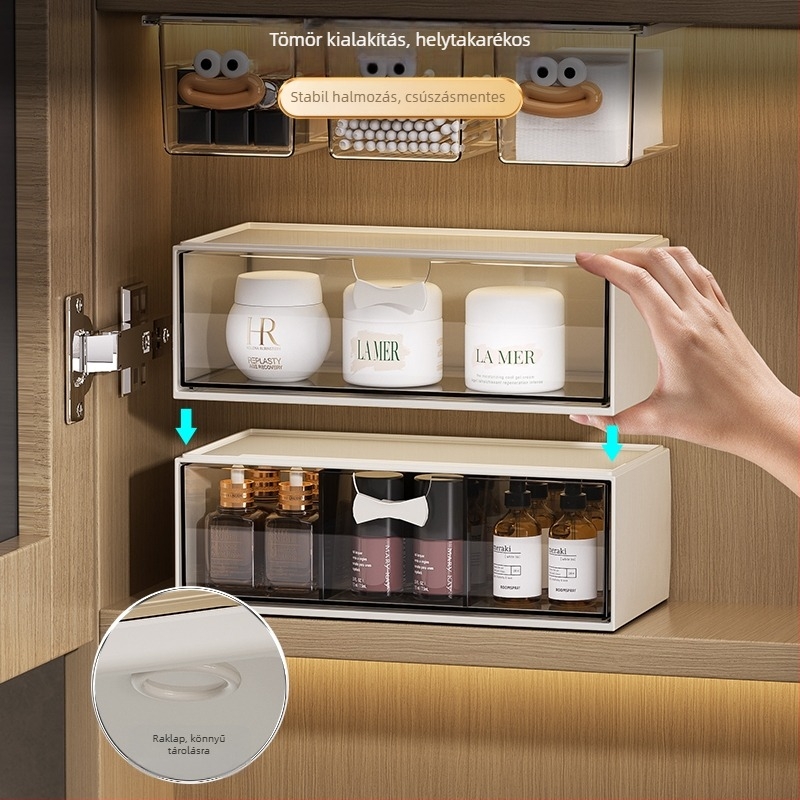 Fiókos kozmetikai tároló falra szerelhető tükrös szekrénnyel; műanyag anyag, modern minimál stílus; Guangdong eredetű
