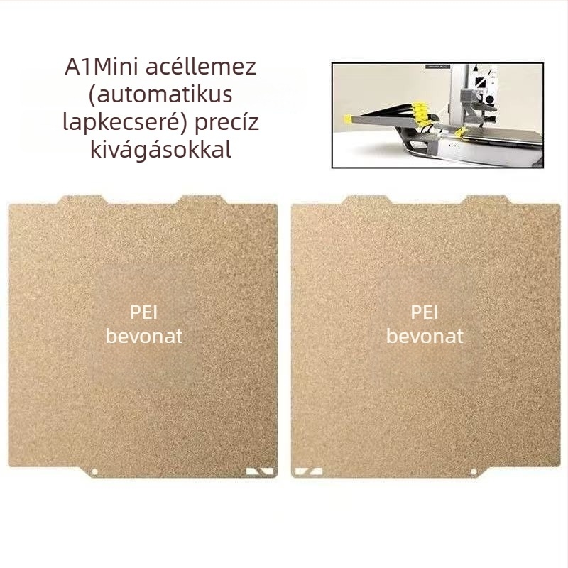 3D nyomtatáshoz készült melegágyplatform rugós acélból és PEI lemezzel, automatikus korongcsere, pontos furatpozicionálás (Anyag: rugóacél + PEI)