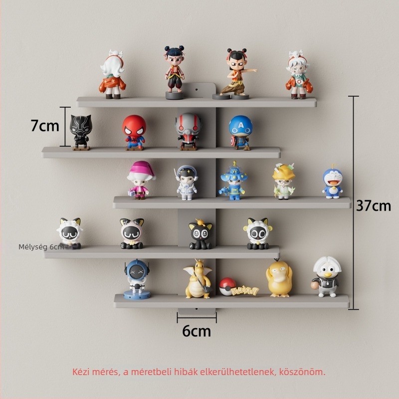 Fali display polc játékfigurákhoz, 5-szintes, fa-műanyag lemez, por- és nedvességálló, többfunkciós