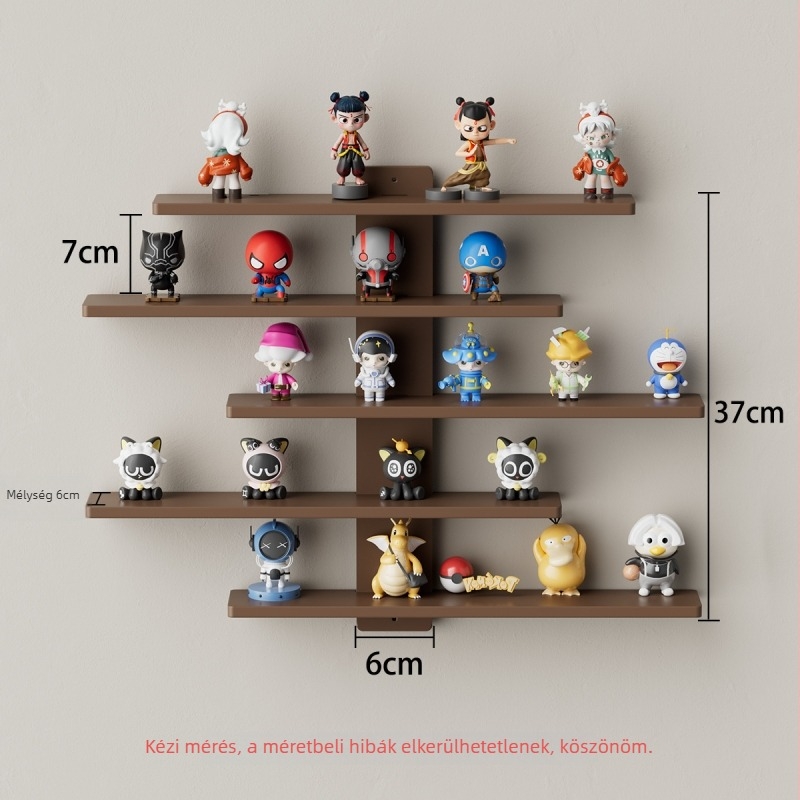 Fali display polc játékfigurákhoz, 5-szintes, fa-műanyag lemez, por- és nedvességálló, többfunkciós