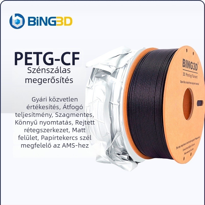 3D nyomtatáshoz PETG-CF szénszálas filament Bing3D, átmérő 1.75 mm, hossz 340 m, tömeg 1 kg, kerek keresztmetszet
