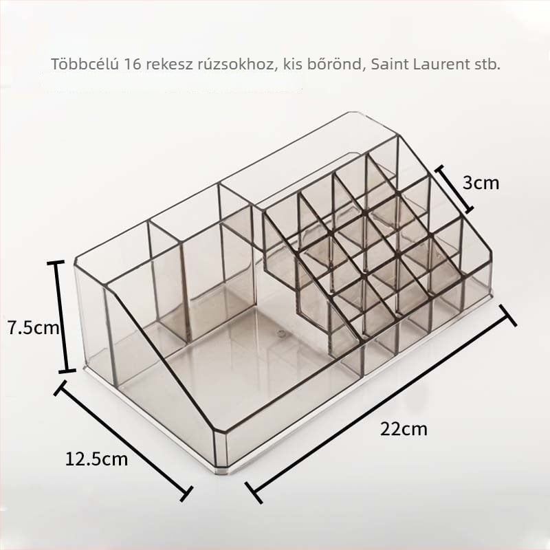 Akril kozmetikai tároló doboz sminkasztalhoz, modern minimalist dizájn, rekeszek ékszerekhez, rúzs, alapozó és szemhéjpúder számára