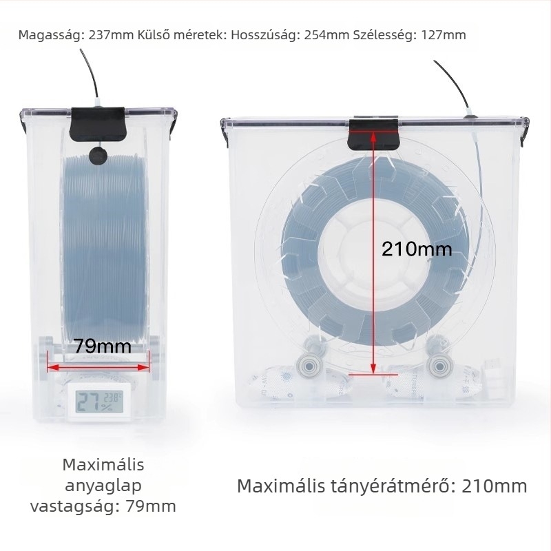 3D nyomtató fogyóanyagok szárítóládája, 1 kg kapacitással, zárt tárolóval, PLA, PETG, TPU, nylon és ABS anyagokhoz
