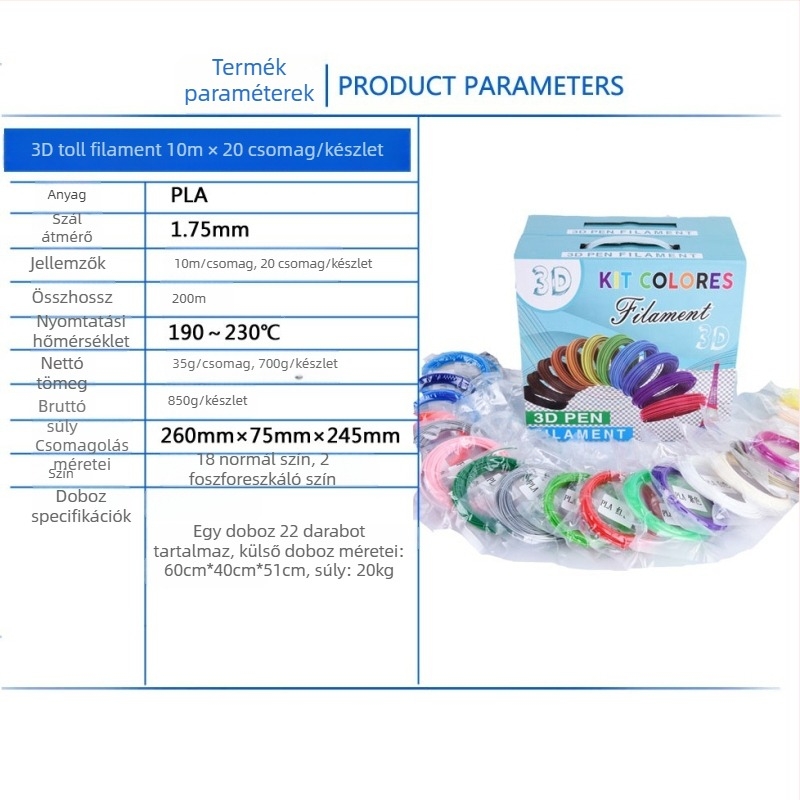 PLA filament 3D tollhoz, 1,75 mm átmérő, összes hossz 200 m, tömeg 33 g, ajándék dobozos készlet