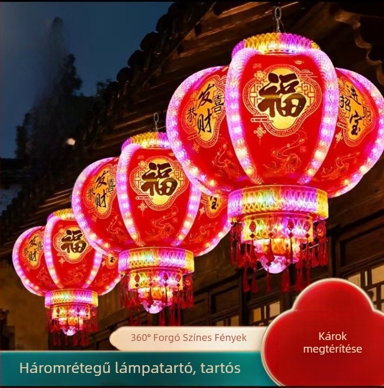 LED forgó lámpa, kör alakú, PVC/akril, mechanikus és népművészeti kivitelezés, kínai stílus, vízálló és szélálló