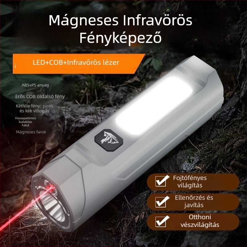 LED zseblámpa mágneses tollklipssel, 5W, 1200mAh újratölthető, vízálló, fénycsóva távolság ≥ 500 m