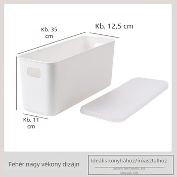 Hosszúkás téglalap alakú műanyag tároló doboz fedéllel, porálló, hordozható a nappaliba