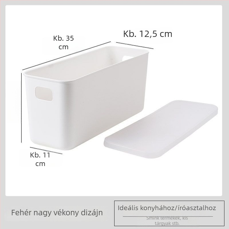 Hosszúkás téglalap alakú műanyag tároló doboz fedéllel, porálló, hordozható a nappaliba
