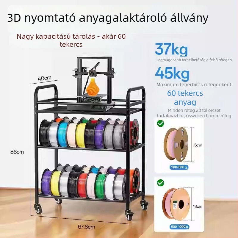 Mobil 3D nyomtatáshoz használt kellékek tároló kocsi – fém, 5 kg, Többcélú polc