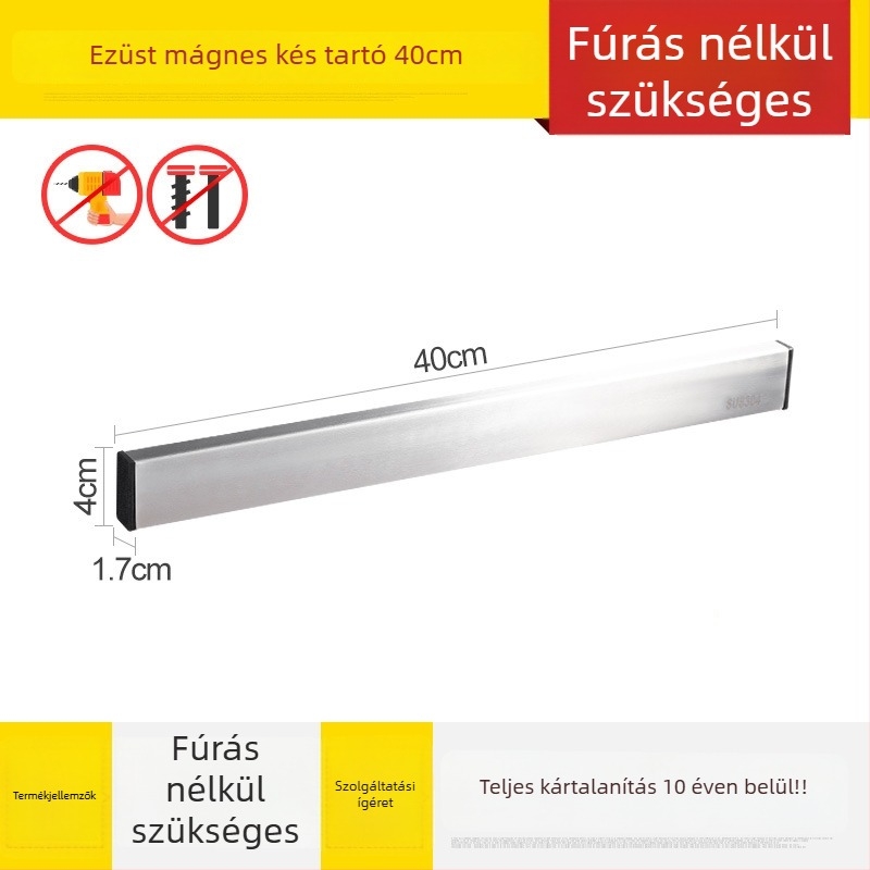 Falra szerelhető mágneses késállvány 304-es rozsdamentes acélból, perforálás nélkül, egy réteg, modern minimális stílus, teherbírás 7,5 kg