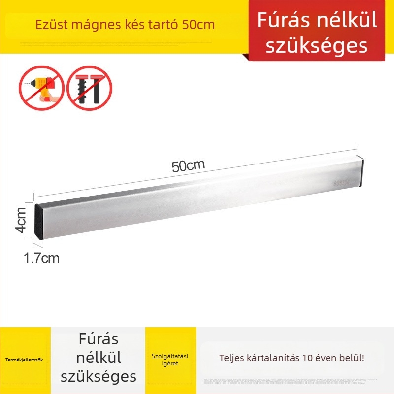 Falra szerelhető mágneses késállvány 304-es rozsdamentes acélból, perforálás nélkül, egy réteg, modern minimális stílus, teherbírás 7,5 kg