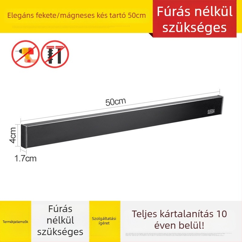 Falra szerelhető mágneses késállvány 304-es rozsdamentes acélból, perforálás nélkül, egy réteg, modern minimális stílus, teherbírás 7,5 kg