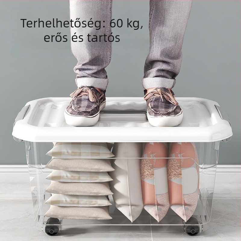 Átlátszó műanyag tároló doboz háztartási használatra, görgős, többfunkciós tároló játékokhoz, ruházathoz és kozmetikumokhoz, PP anyag, japán stílus