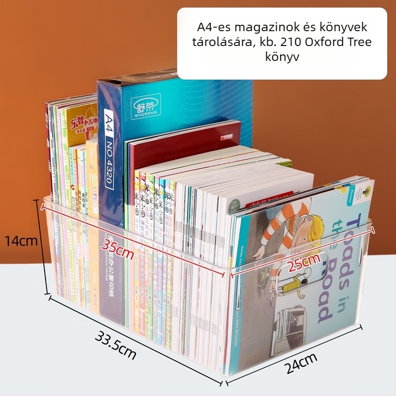 Átlátszó könyvtároló doboz, PET műanyag, modell MM0016, 5-10 L kapacitás, mozgatható asztali rendező