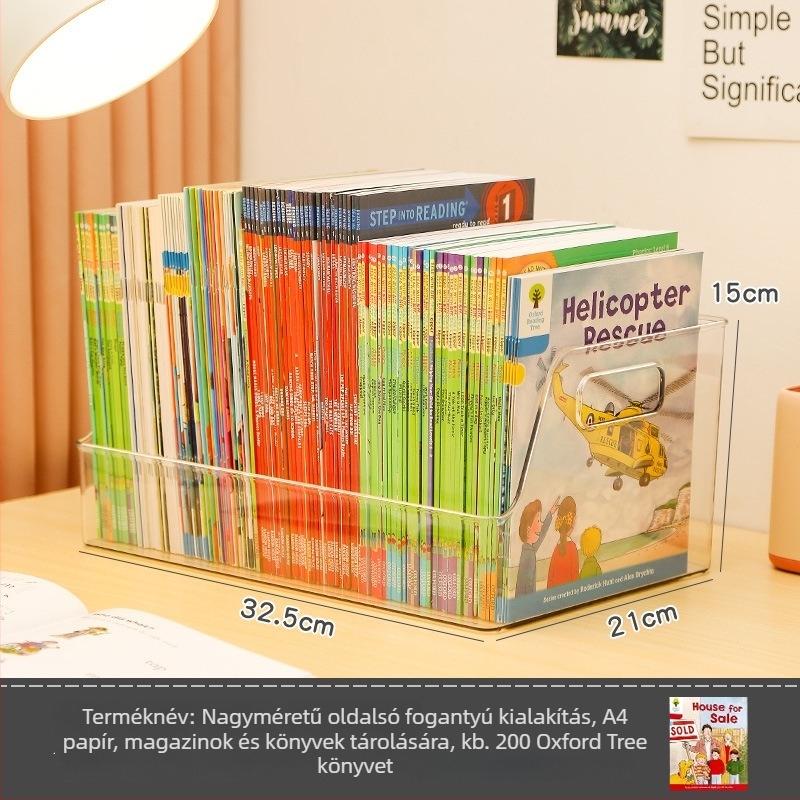 Átlátszó könyvtároló doboz, PET műanyag, modell MM0016, 5-10 L kapacitás, mozgatható asztali rendező