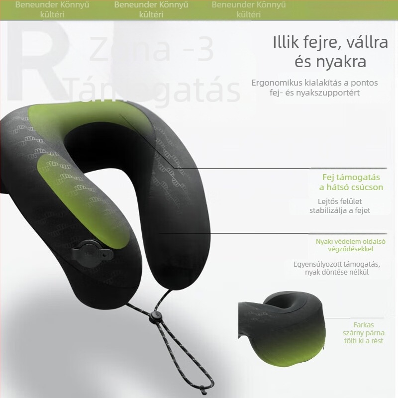 U-alakú felfújható utazó párna teljes nyaki támasztékkal, gyors feltöltés, könnyen hordozható