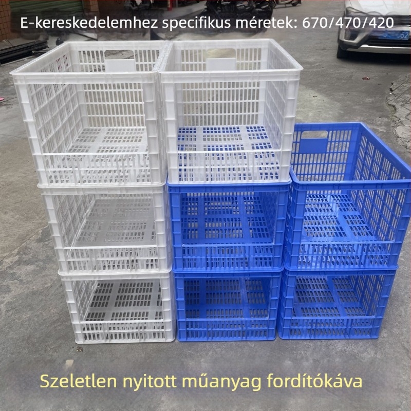 Nagy nyitott tetejű műanyag turnover doboz rendezésre és tárolásra, HDPP anyagból, injekciós formában készült, falvastagság 2–8 mm, teherbírás 50, logónyomás elérhető.