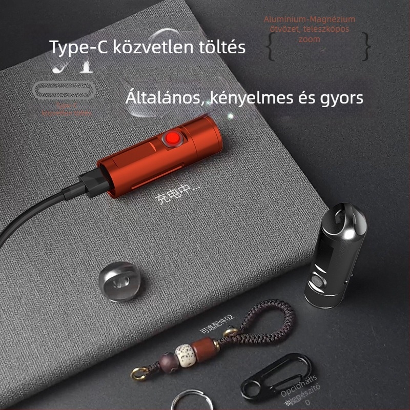 Kis alumínium ötvözetű zseblámpa teleszkópos zoommal, beépített akkumulátor, 10W LED, többfunkciós