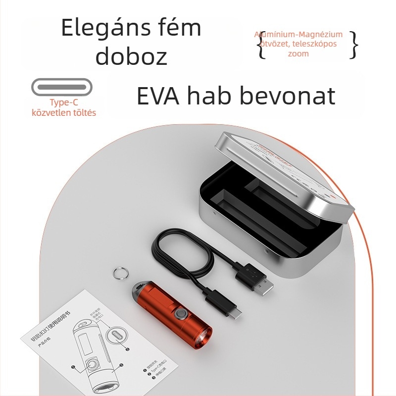 Kis alumínium ötvözetű zseblámpa teleszkópos zoommal, beépített akkumulátor, 10W LED, többfunkciós