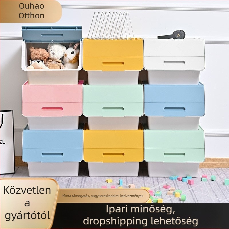 Cartoon stílusú PP műanyag tároló doboz, 70–80 L kapacitás, többfunkciós, porálló