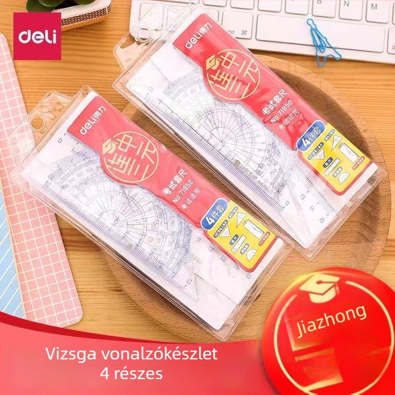 Deli 71950 Négy részes Rajzkészlet: Vonalzó, Derékszögű Háromszög, Szögmérő, Műanyag – 24 készlet a dobozban, Nettó tömeg 55 g