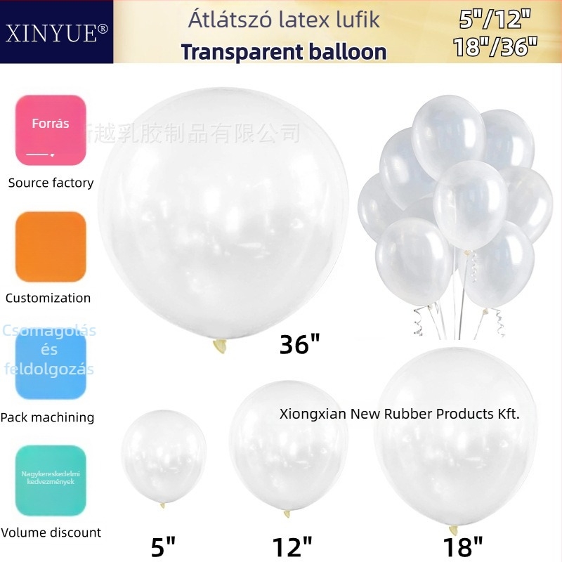 Átlátszó latex dekoratív gömbballon nyomtatott logóval, alkalmas születésnap és esküvő dekorációjára