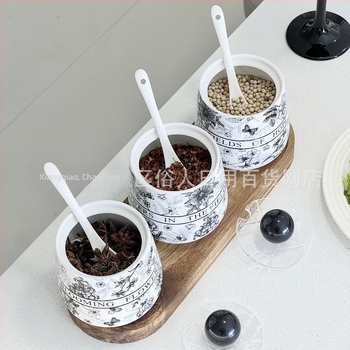 Kerámiából készült fűszertartó retro, antik design, tömörfa tálcával, testreszabási lehetőség, alkalmas szilárd fűszerek, modern kínai stílus