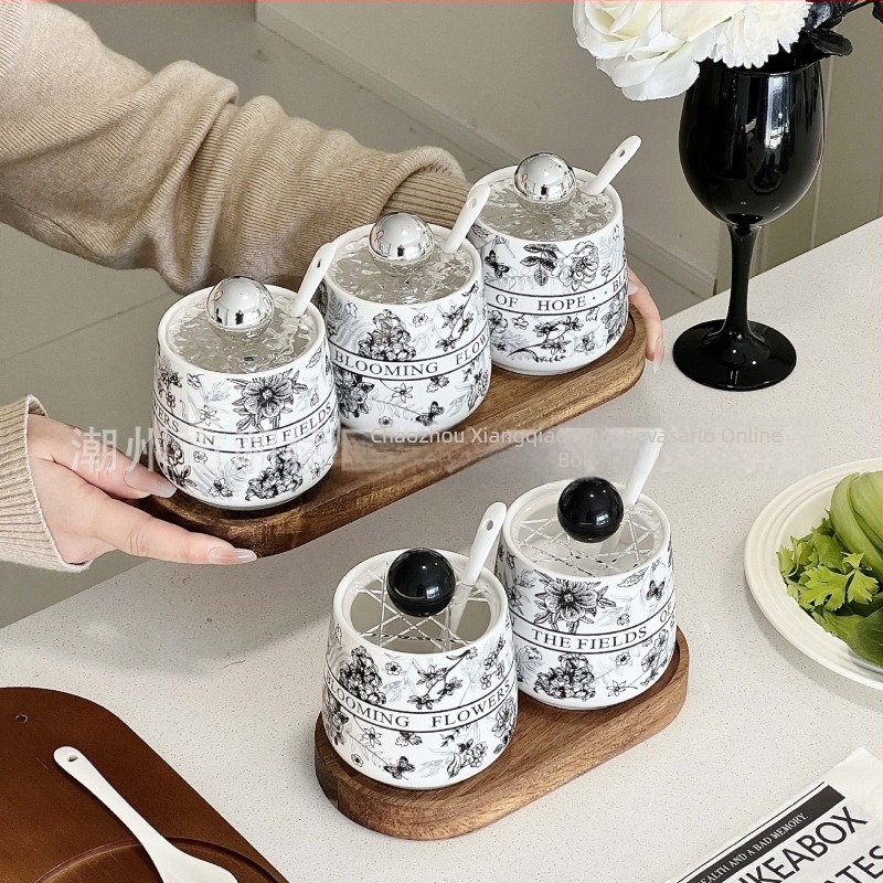 Kerámiából készült fűszertartó retro, antik design, tömörfa tálcával, testreszabási lehetőség, alkalmas szilárd fűszerek, modern kínai stílus