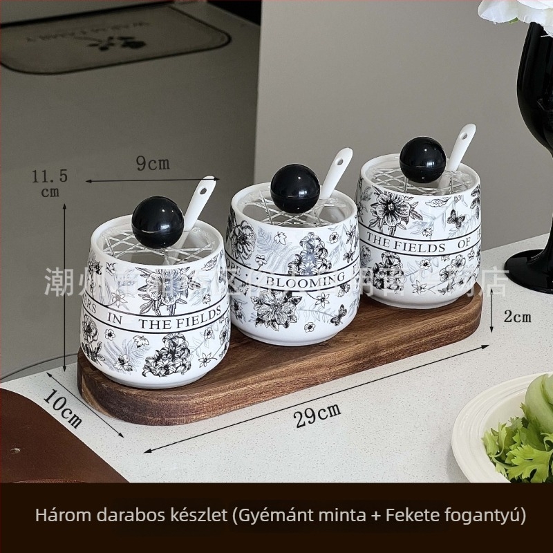 Kerámiából készült fűszertartó retro, antik design, tömörfa tálcával, testreszabási lehetőség, alkalmas szilárd fűszerek, modern kínai stílus